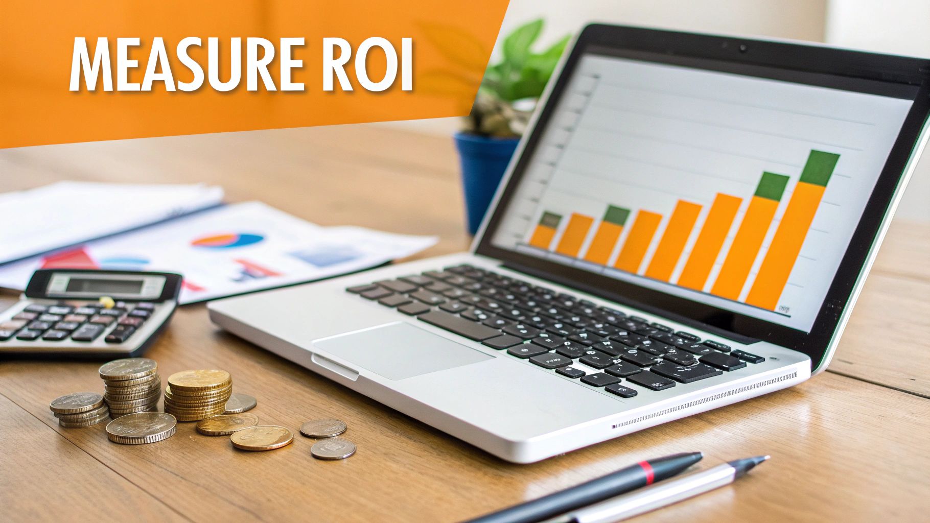 A desk with a laptop showing a financial bar chart, calculator, coins, papers, and 'MEASURE ROI' text.