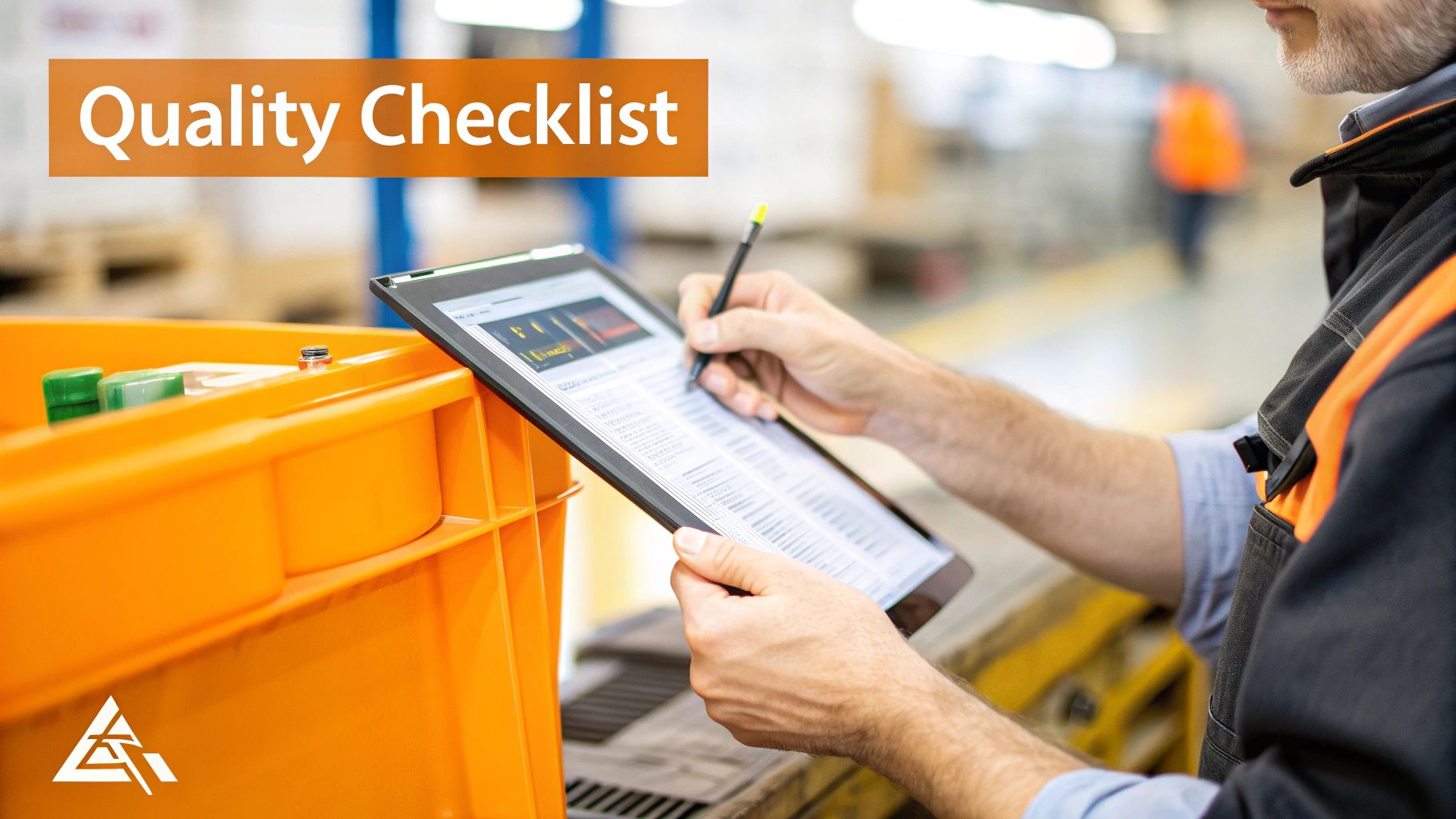 A worker reviews a quality checklist on a digital tablet with a stylus in a production facility.