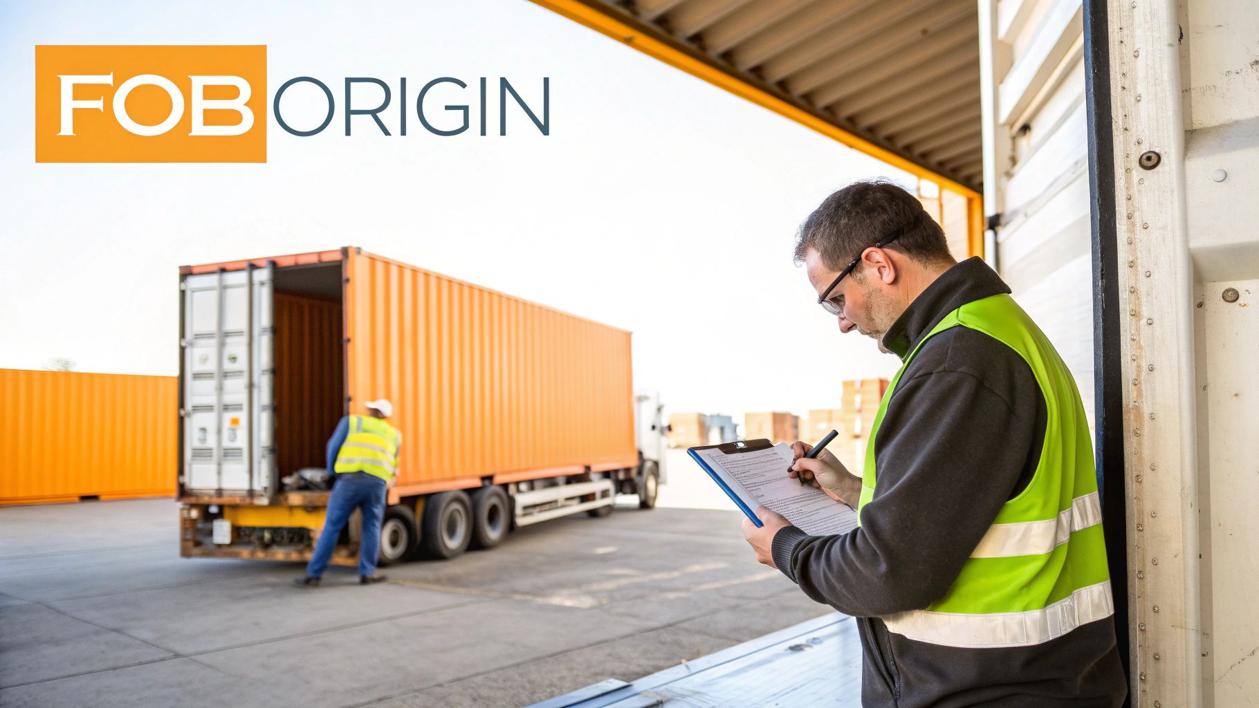 Man in high-visibility vest checks clipboard at a shipping yard with containers and trucks.