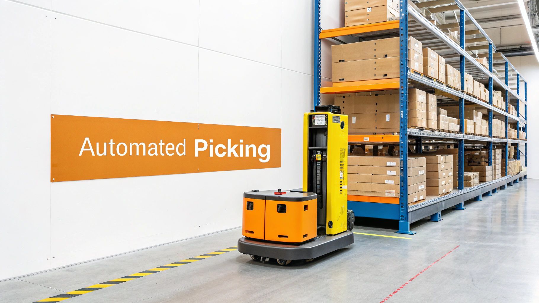 An automated picking robot navigates a modern warehouse aisle with high shelves stocked with brown boxes.