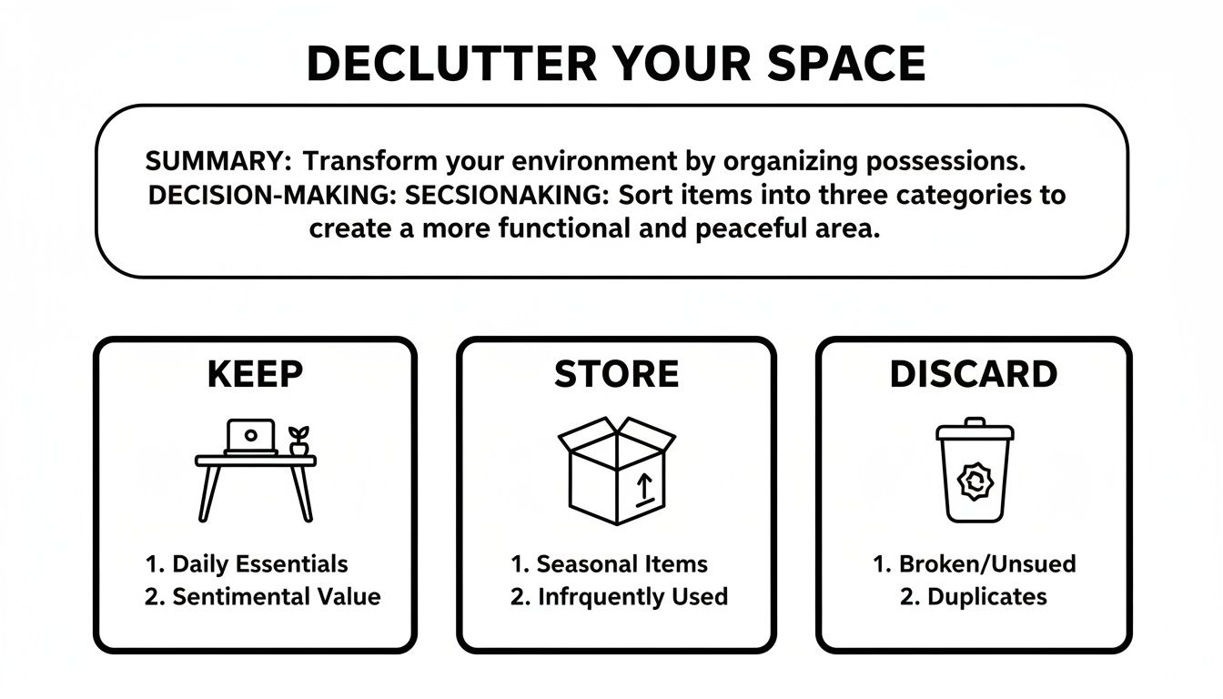 A decluttering guide illustrating how to sort items into keep, store, and discard categories.