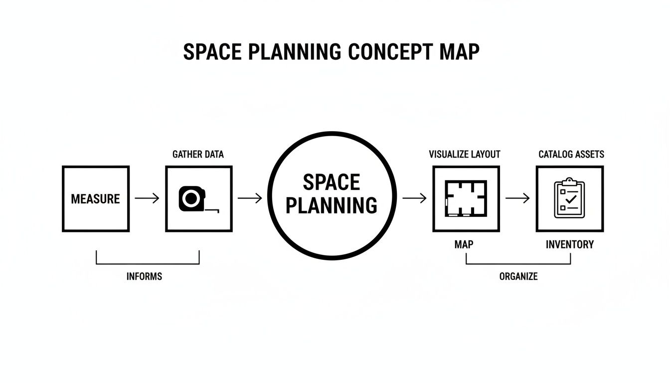 A concept map illustrating the space planning process, from gathering data to cataloging assets.