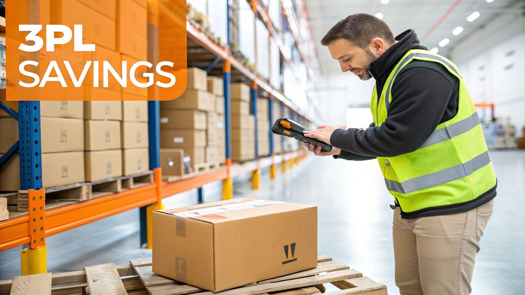 A warehouse worker in a high-visibility vest scans a package on a pallet, with text '3PL SAVINGS'.