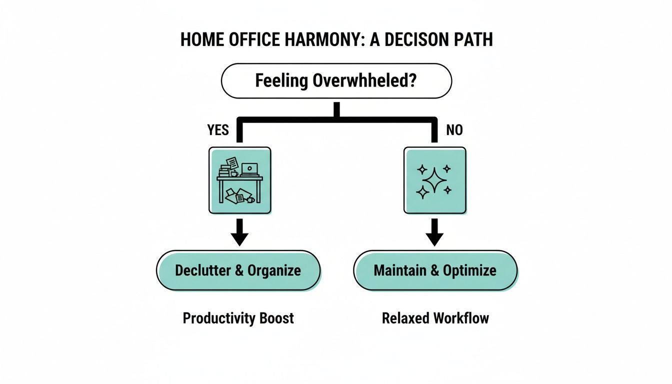 Decision path flowchart for home office harmony, addressing feeling overwhelmed to organize or maintain.
