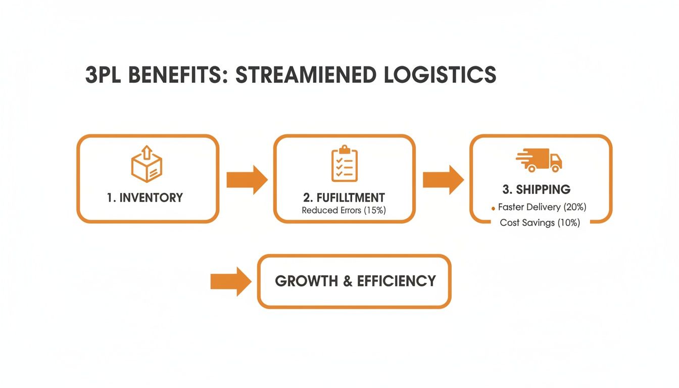 Infographic detailing 3PL benefits: streamlined logistics from inventory to shipping, resulting in growth and efficiency.