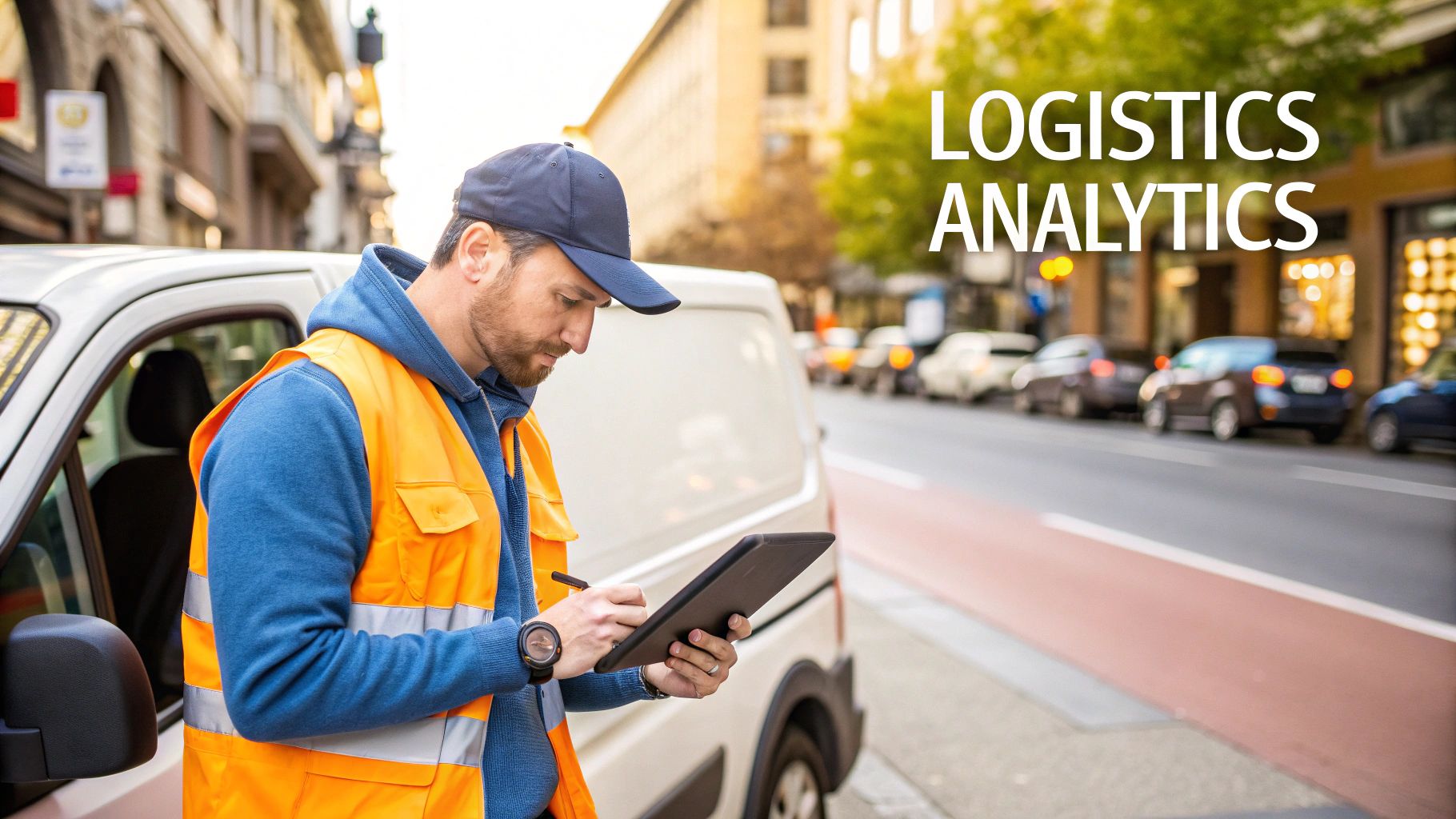 A delivery driver in an orange vest and cap signs a document on a digital tablet next to a white van.