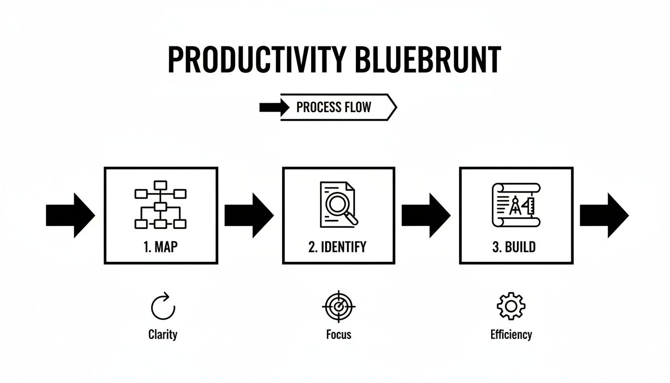 A productivity blueprint showing a three-step process: Map for Clarity, Identify for Focus, and Build for Efficiency.