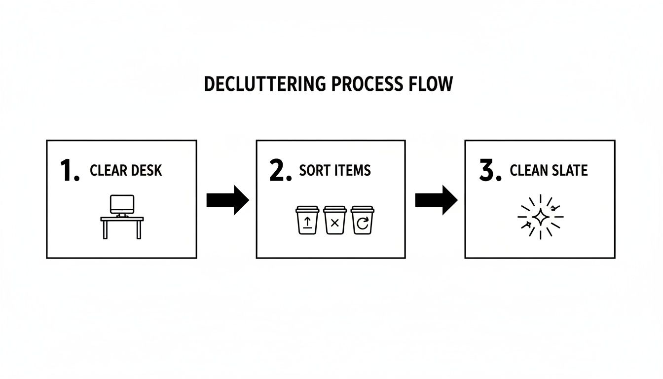 Diagram illustrating a three-step decluttering process: clear desk, sort items, then a clean slate.