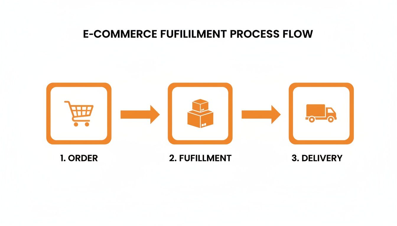 Flowchart showing three steps of e-commerce fulfillment: order, fulfillment, and delivery process.