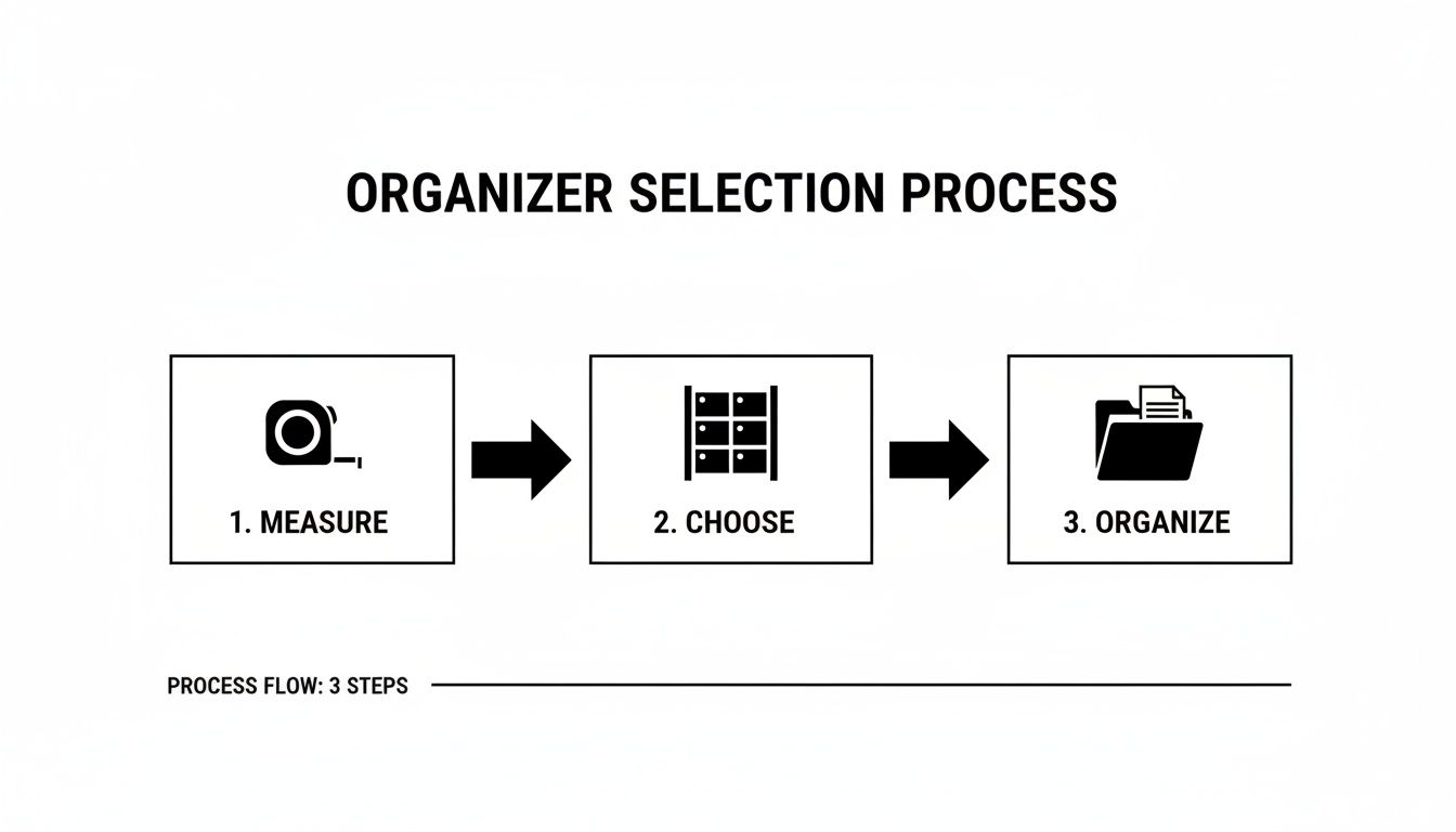 A three-step process flowchart for organizer selection, showing measure, choose, and organize stages with icons.
