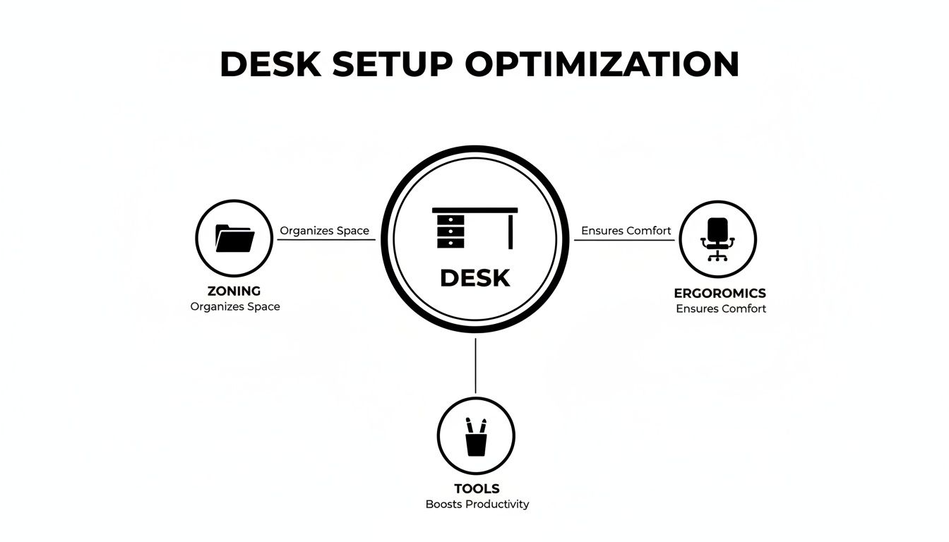 Diagram showing desk setup optimization through zoning, ergonomics, and tools for comfort and productivity.