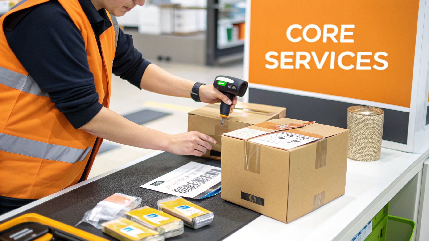 A logistics worker in an orange high-visibility vest scans packages at a service counter.