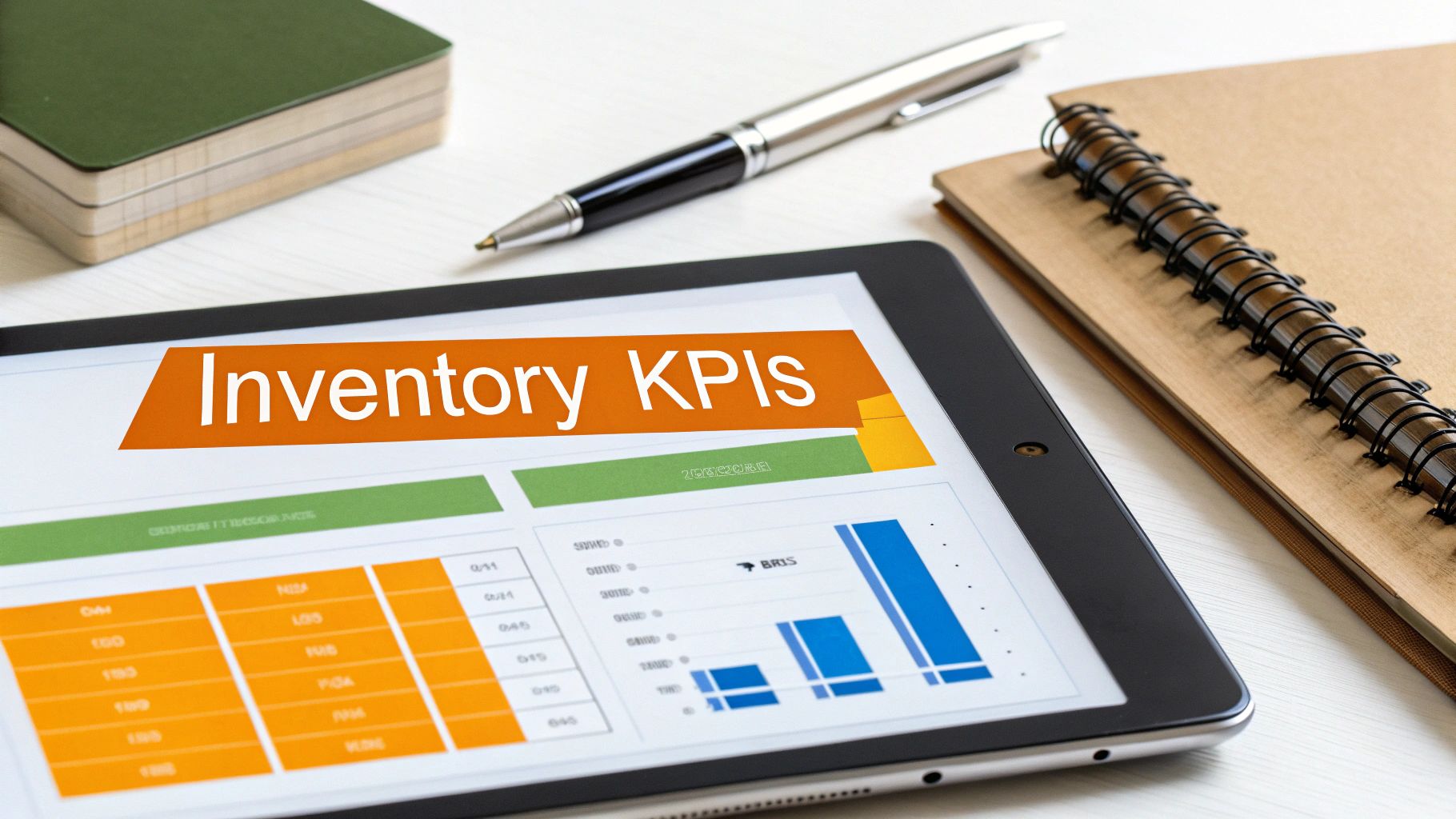 A tablet displays 'Inventory KPIs' with charts and data, alongside notebooks and a pen.