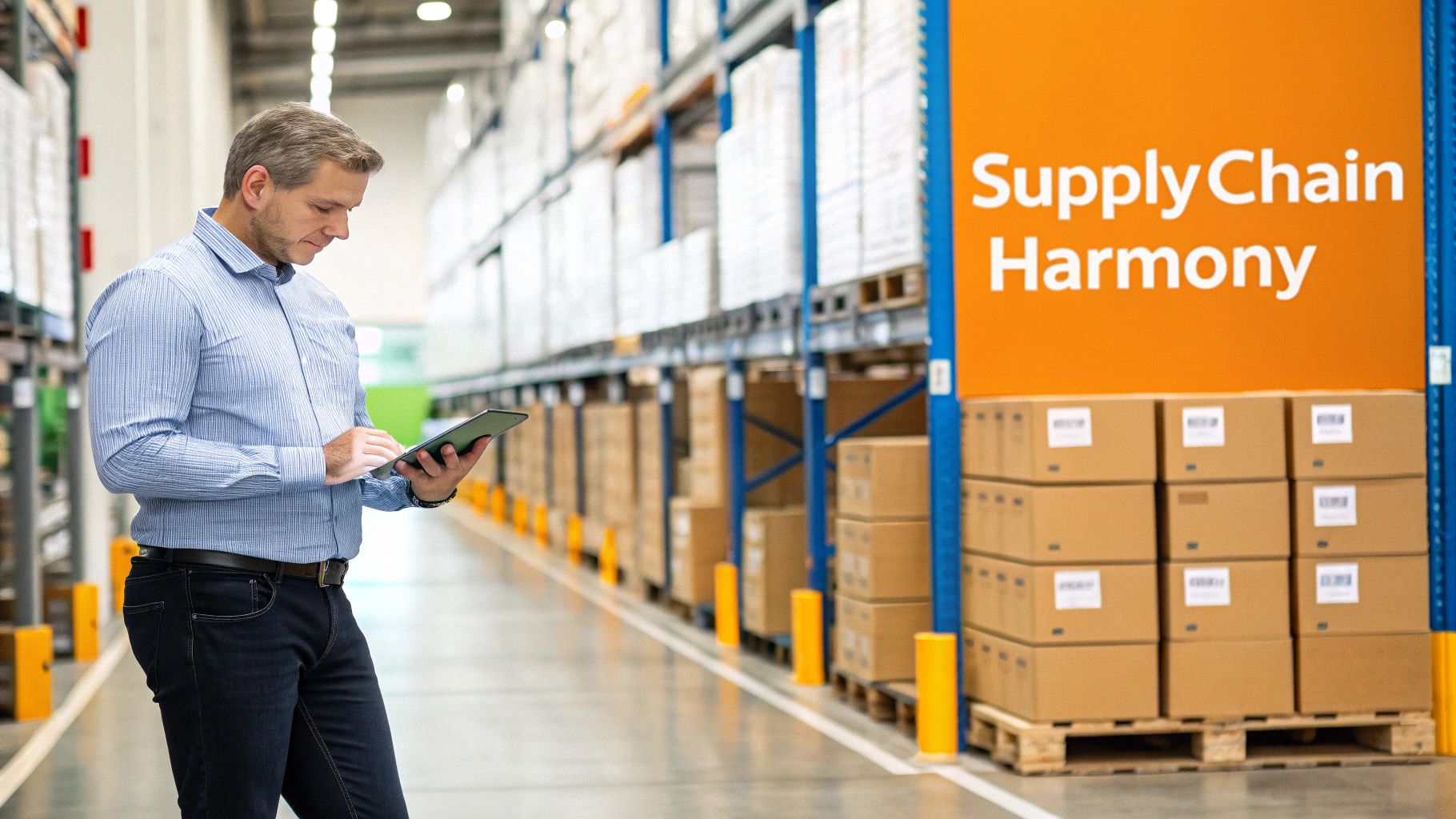 A man uses a tablet in a modern warehouse, featuring a 'Supply Chain Harmony' sign.