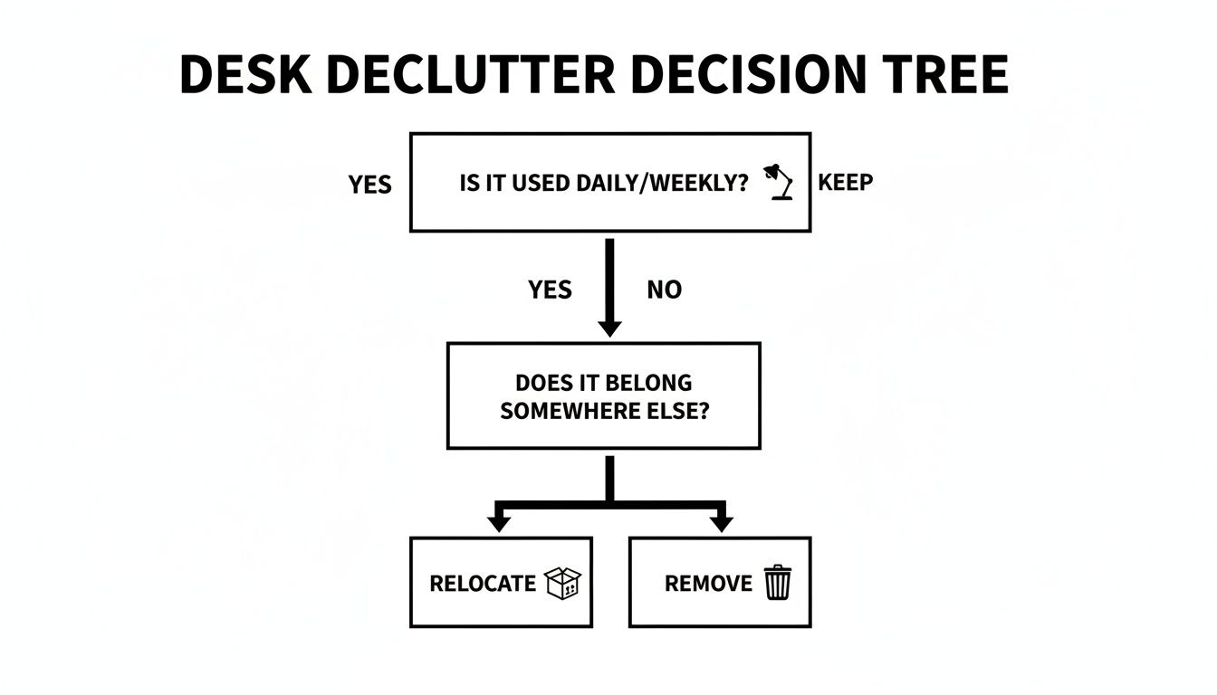 A flowchart titled 'Desk Declutter Decision Tree' guides users to keep, relocate, or remove items from their desk.