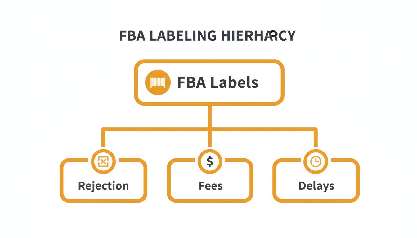 A hierarchy diagram showing FBA Labels at the top, leading to Rejection, Fees, and Delays as consequences.