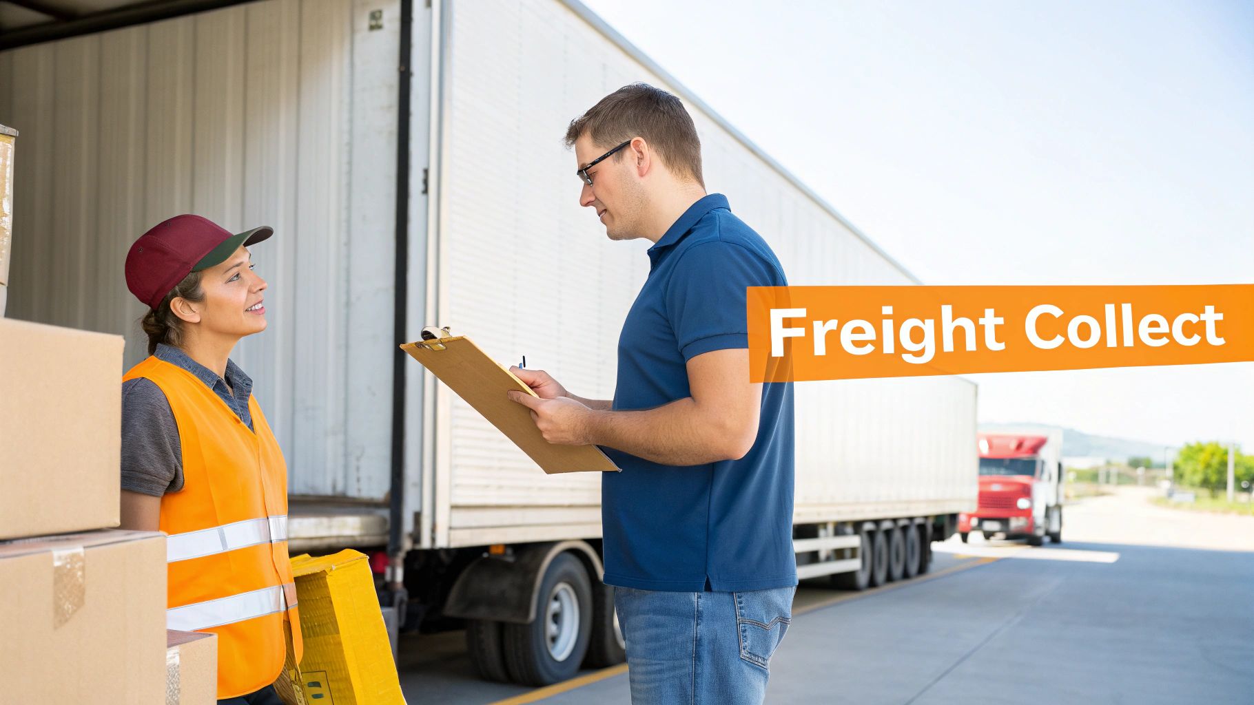 A man with a clipboard talks to a woman in a safety vest by a truck, discussing freight.