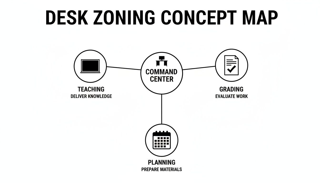 A concept map illustrating desk zoning for a teacher's command center, including teaching, grading, and planning.