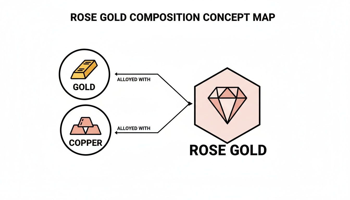 Concept map showing rose gold composition, illustrating gold and copper alloyed together.