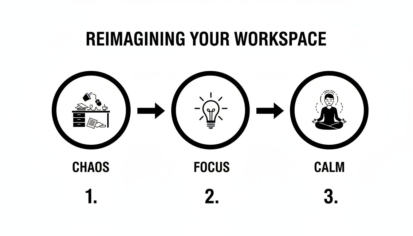 A visual workflow diagram illustrating the transformation from a chaotic desk to focus and calm.