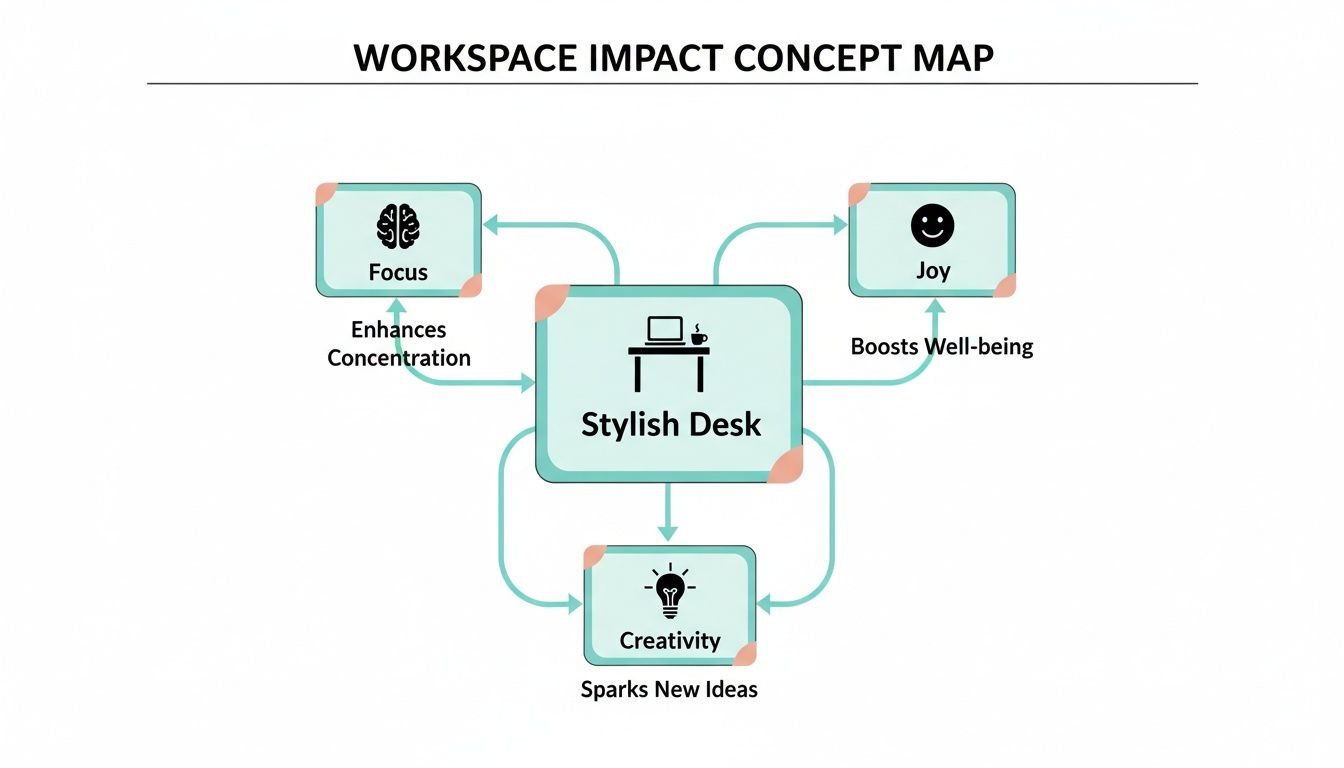 A concept map showing how a stylish desk enhances focus, boosts well-being, and sparks creativity in a workspace.