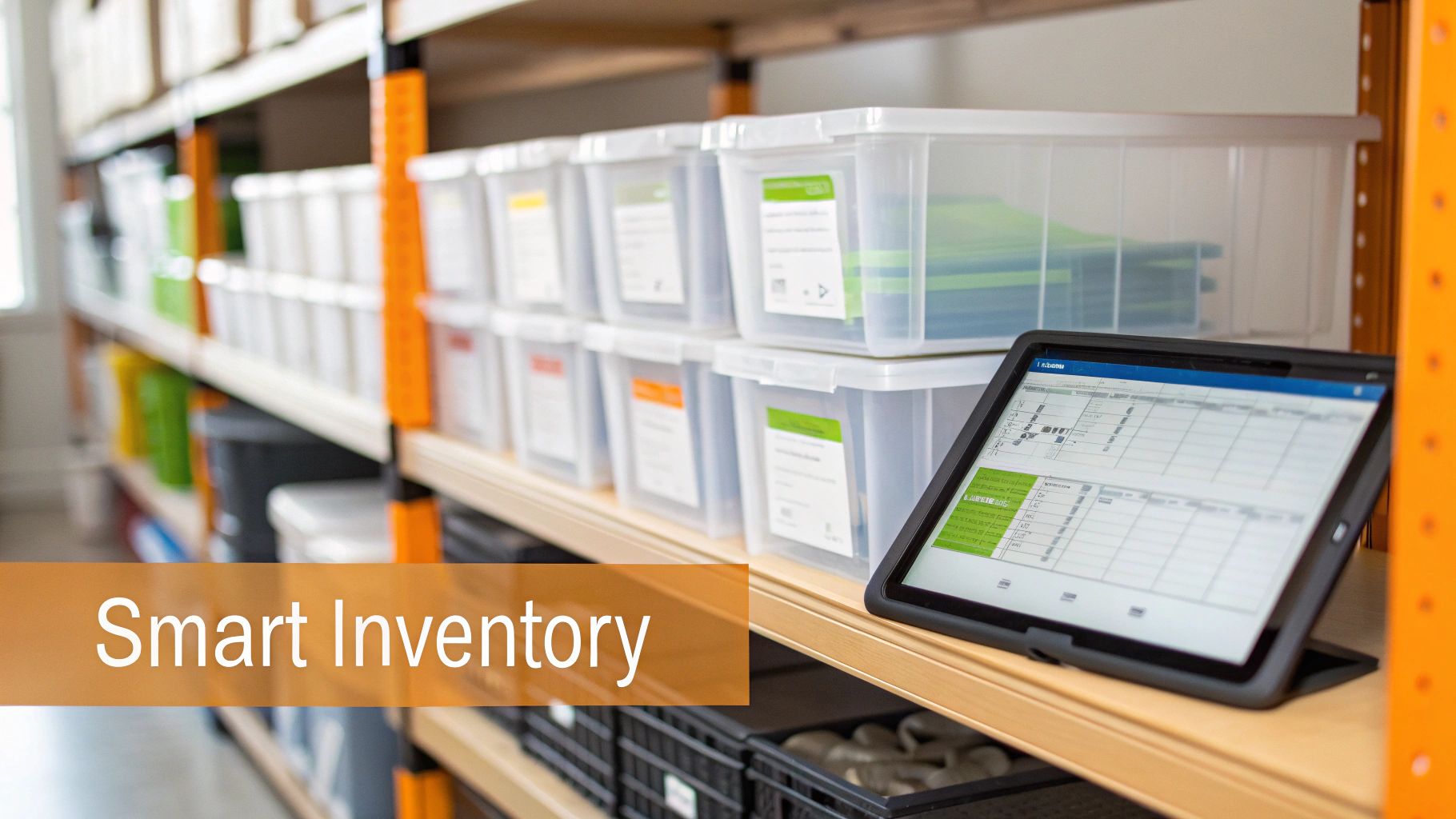 A tablet displaying smart inventory software on a shelf amidst clear storage bins in a warehouse.