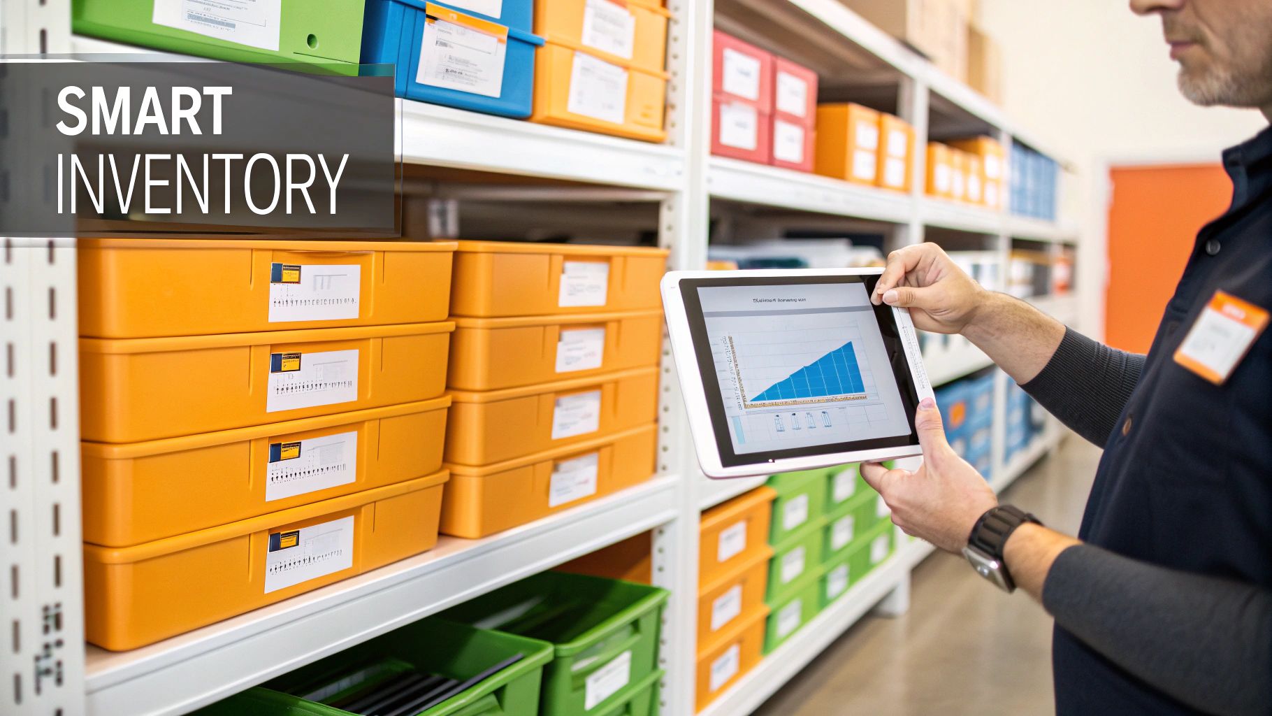 A man uses a tablet to manage smart inventory and logistics in a warehouse filled with colorful bins.