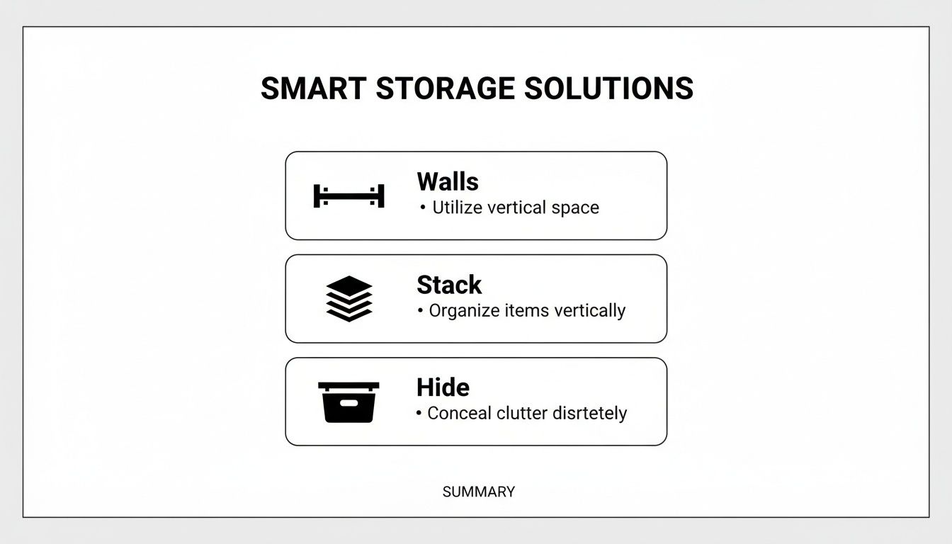 Presentation slide detailing smart storage solutions, including utilizing walls, stacking items, and concealing clutter.