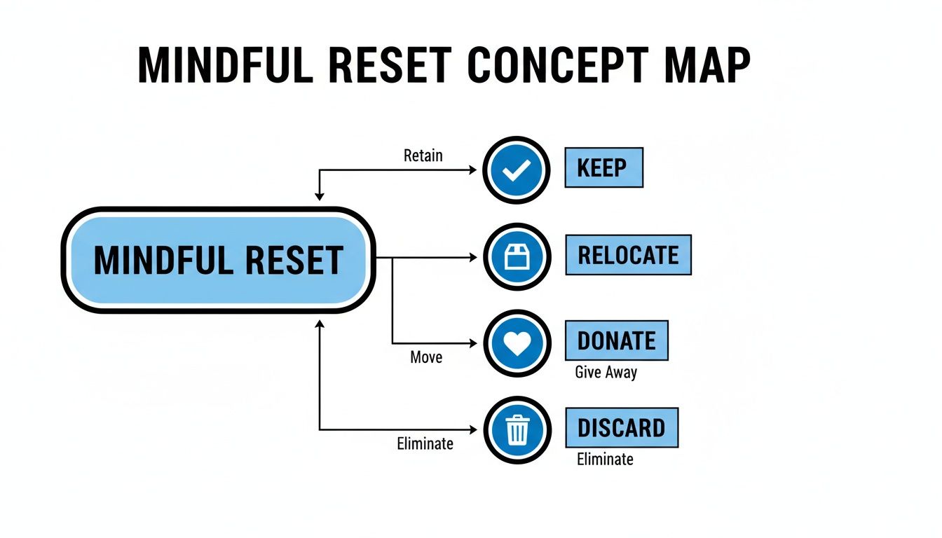 Mindful Reset concept map showing actions to keep, relocate, donate, or discard items during organization.