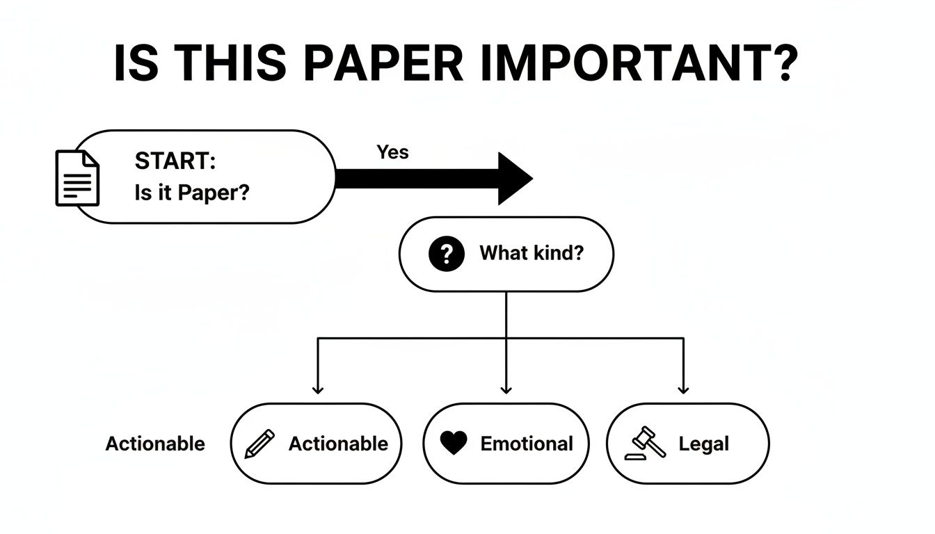 A flowchart titled 'Is This Paper Important?' categorizing papers into actionable, emotional, or legal.