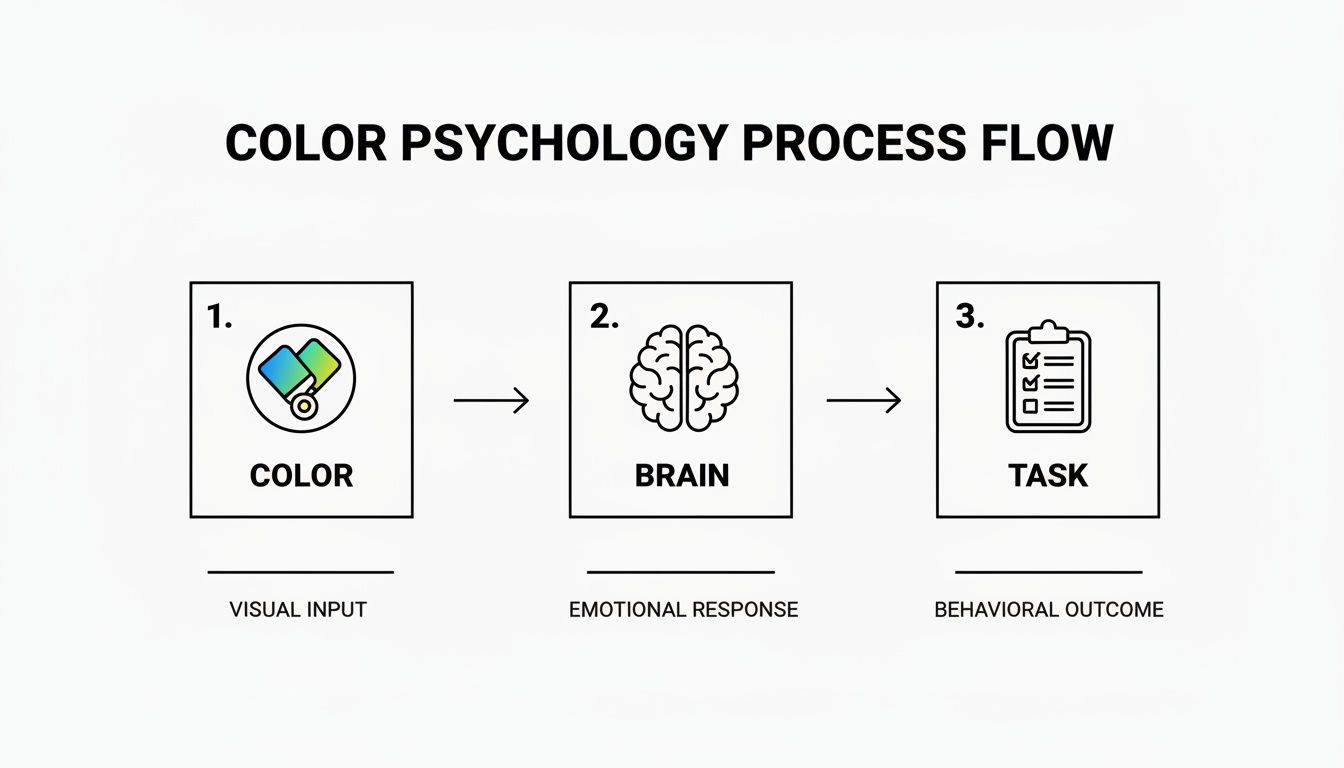 Flowchart explaining color psychology from visual input (color) to emotional response (brain) and behavioral outcome (task).