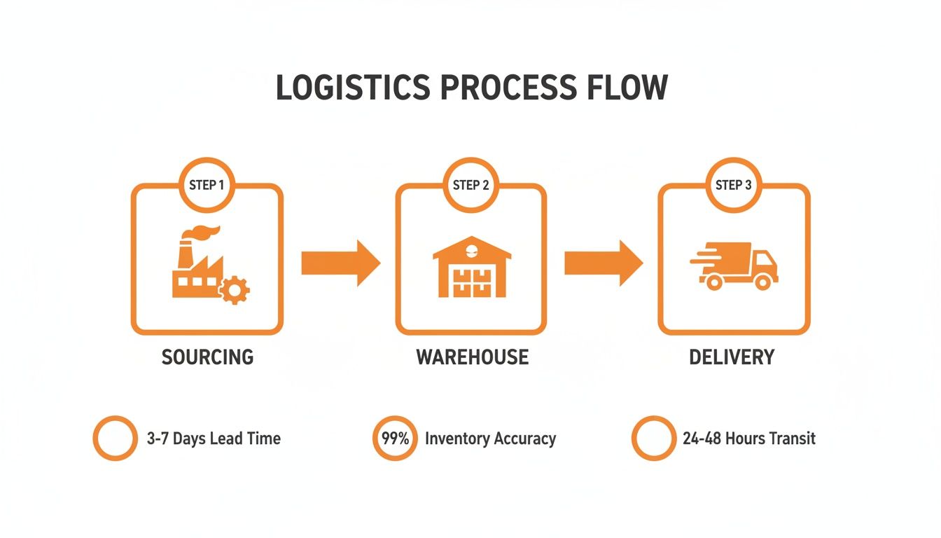 Logistics process flow illustrating sourcing, warehouse, and delivery stages with performance metrics.