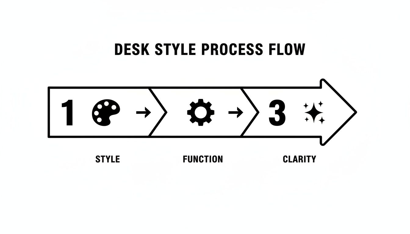 Desk style process flow diagram showing three stages: Style (palette), Function (gear), and Clarity (sparkles).