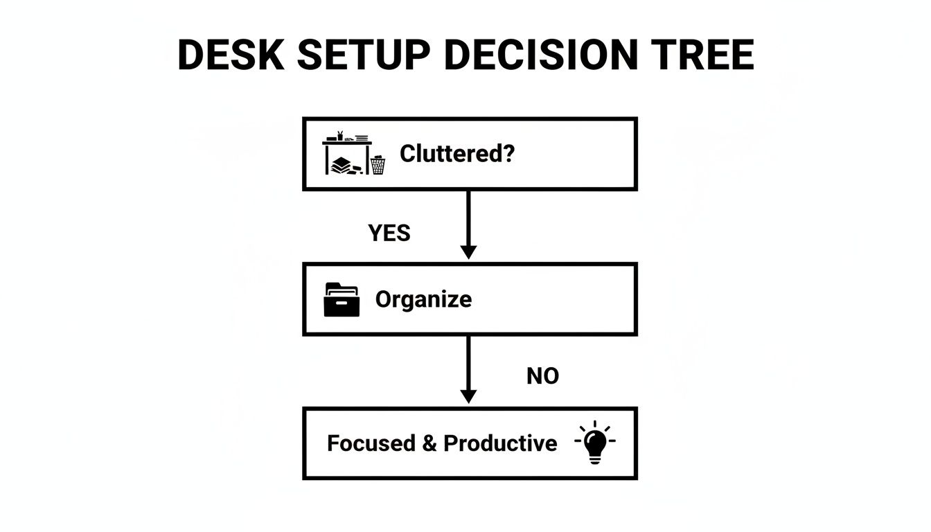 A decision tree flowchart for desk setup: asks 'Cluttered?', then 'Organize' if yes, or 'Focused & Productive' if no.