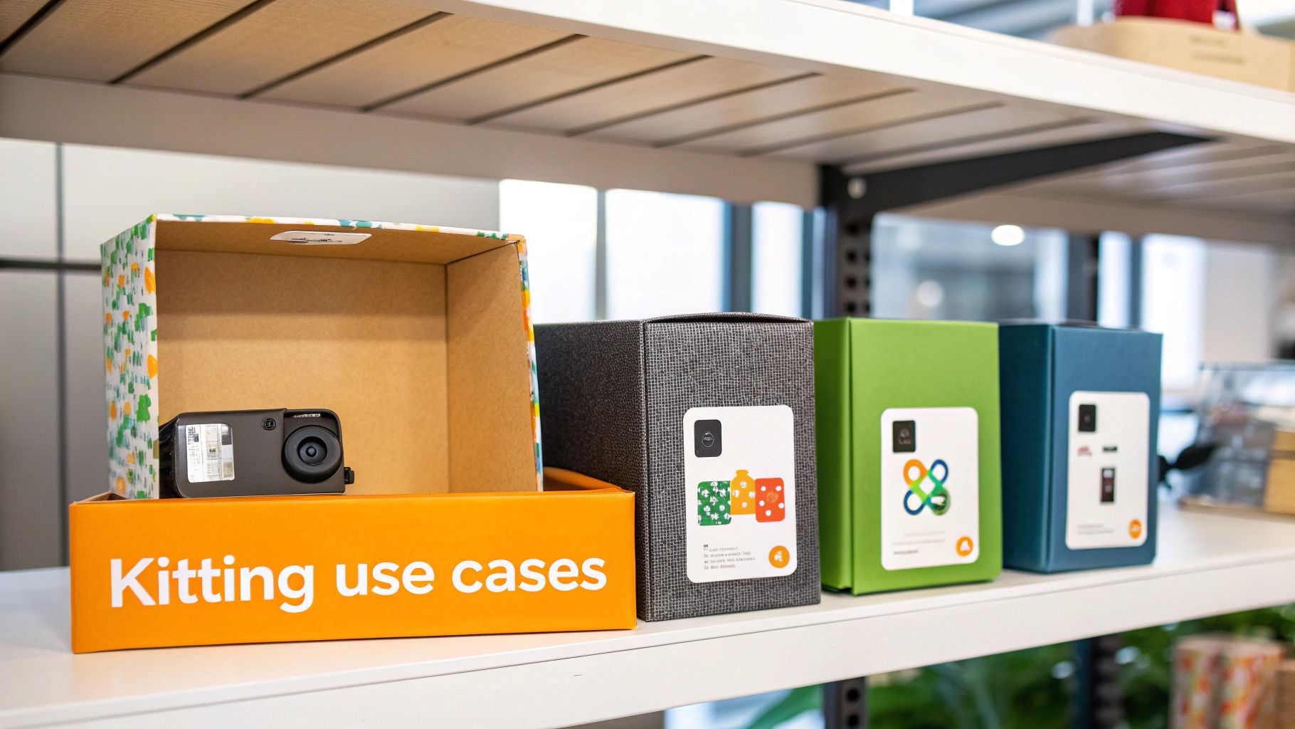 Various product kitting boxes displayed on a white shelf, with one open box revealing a camera.