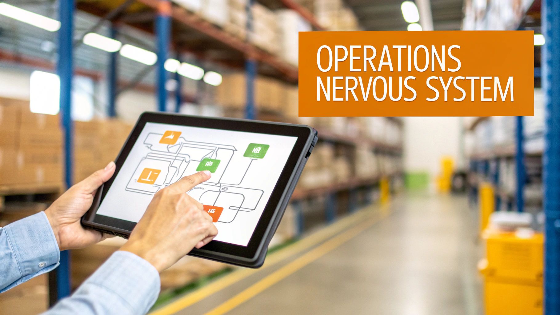 A person uses a tablet displaying an operations management system in a modern warehouse setting.