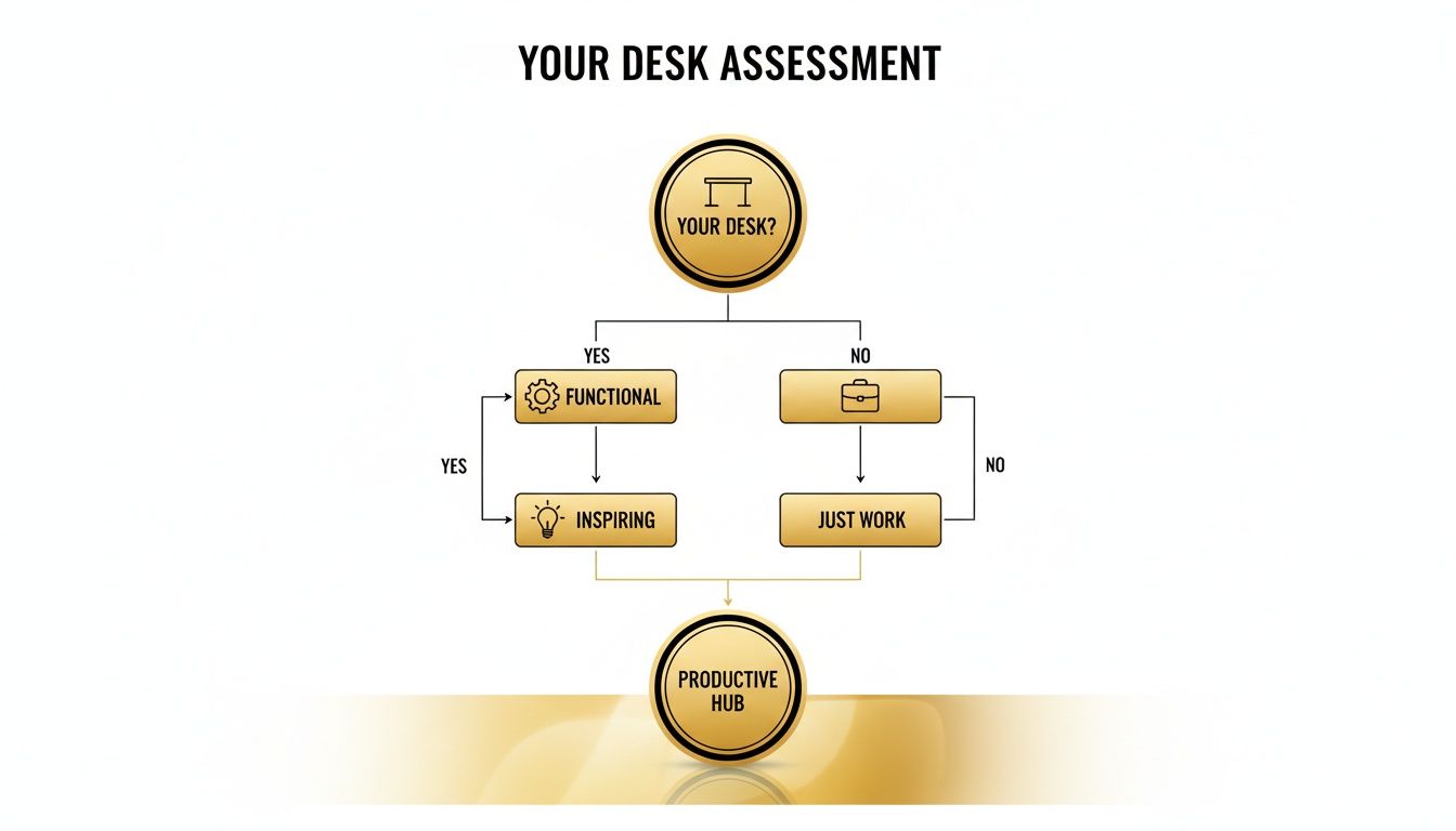 Flowchart titled 'Your Desk Assessment' leading to a 'Productive Hub', evaluating desk functionality and inspiration.