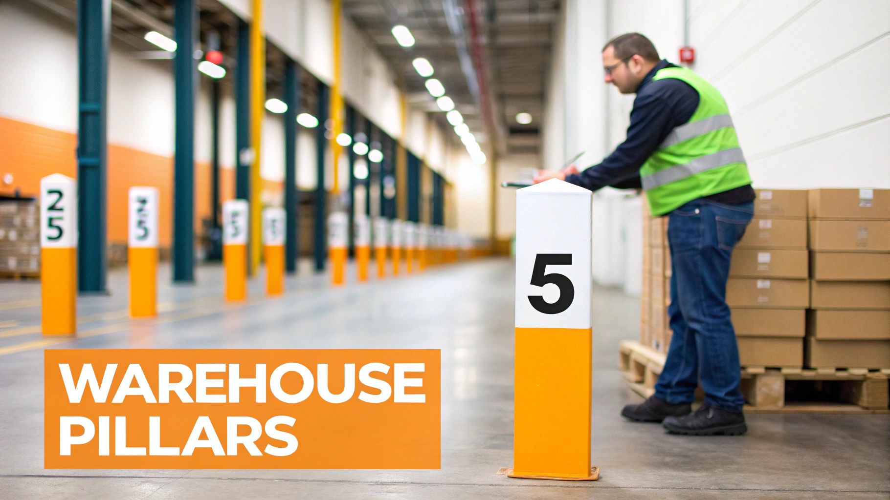 A worker in a warehouse with numbered yellow and white pillars, managing inventory near stacked boxes.