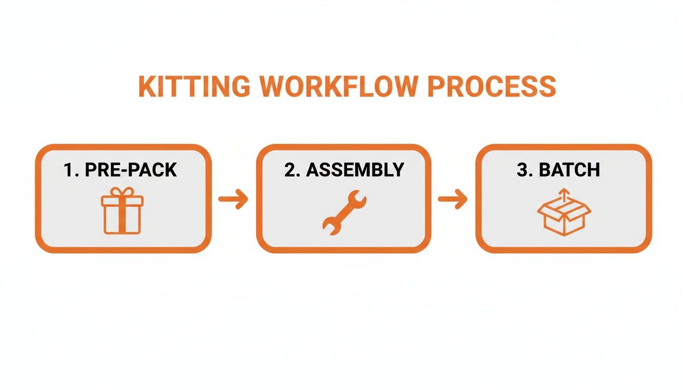 A kitting workflow process diagram showing three steps: 1. Pre-pack, 2. Assembly, and 3. Batch.