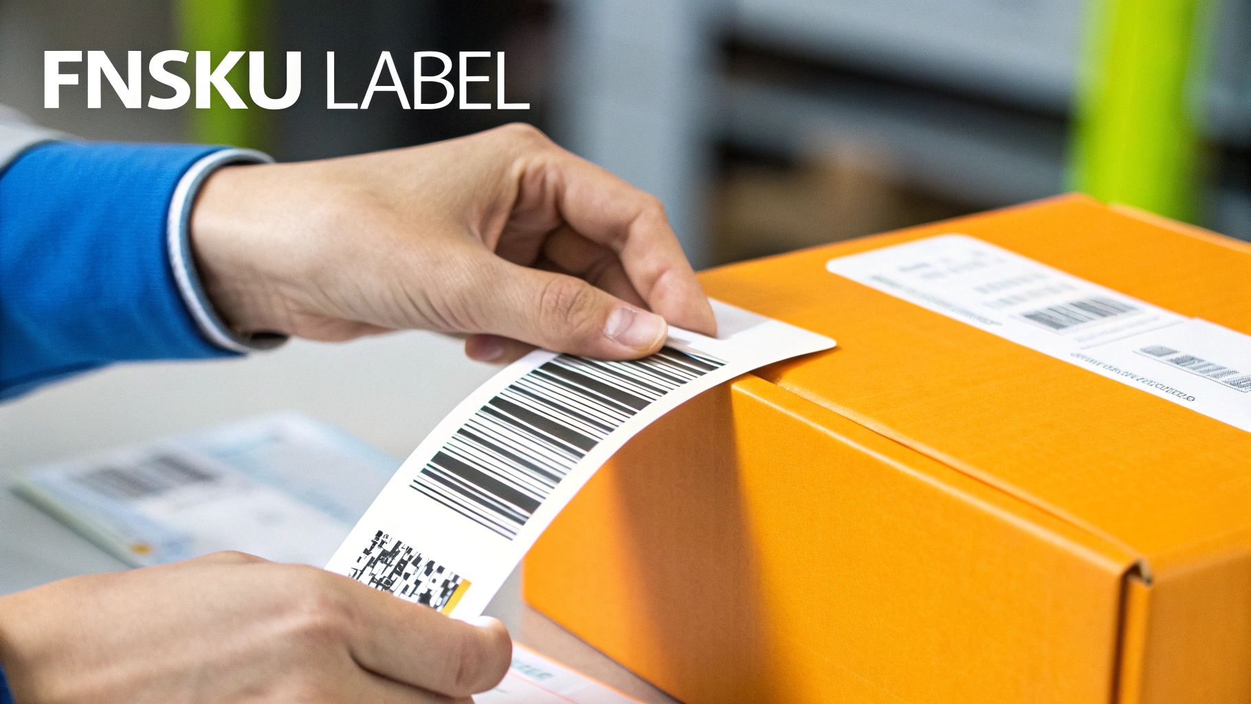 A person applies an FNSKU barcode label with a QR code to an orange Amazon FBA package.