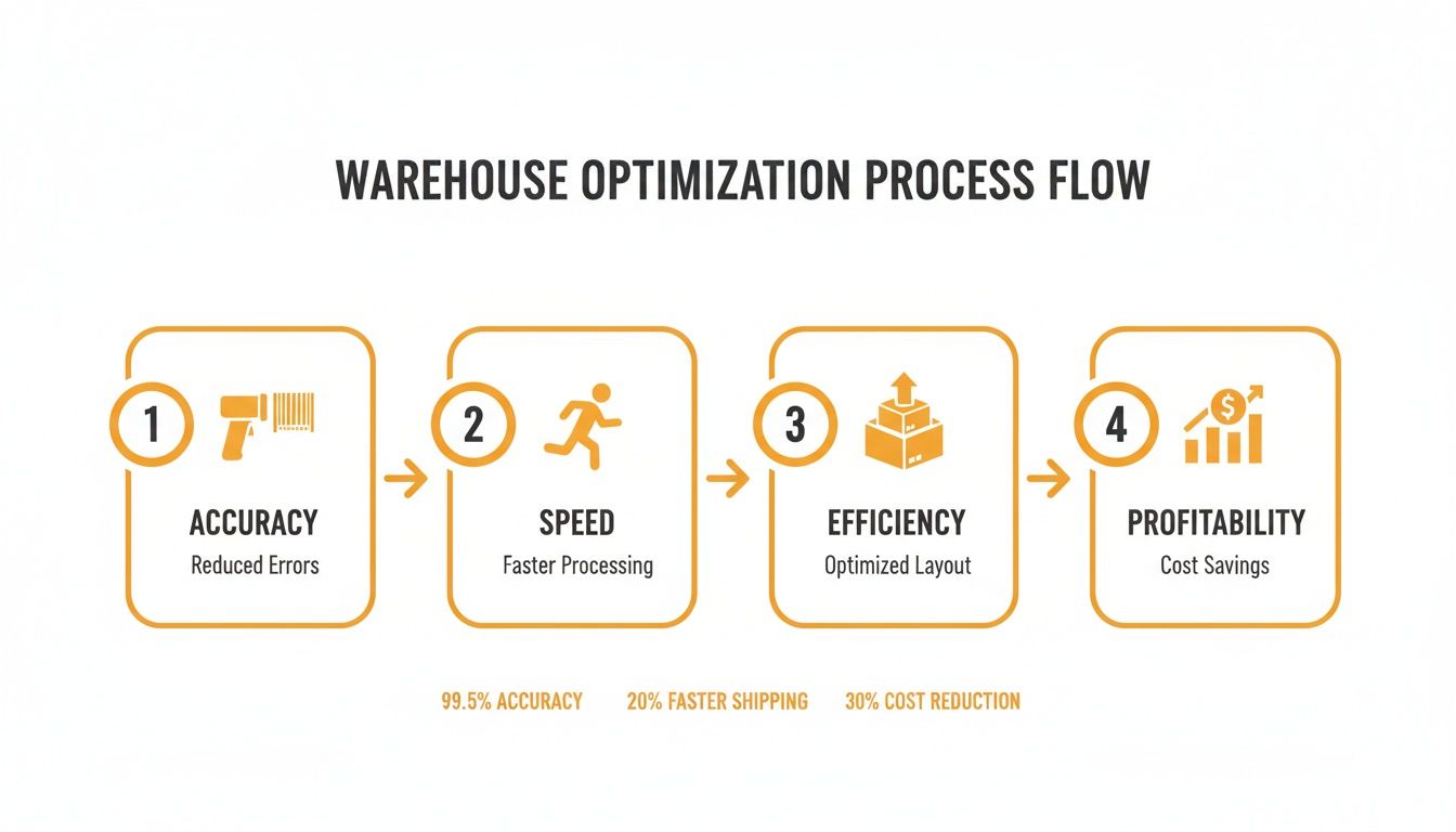Infographic illustrating a 4-step warehouse optimization process: Accuracy, Speed, Efficiency, and Profitability.