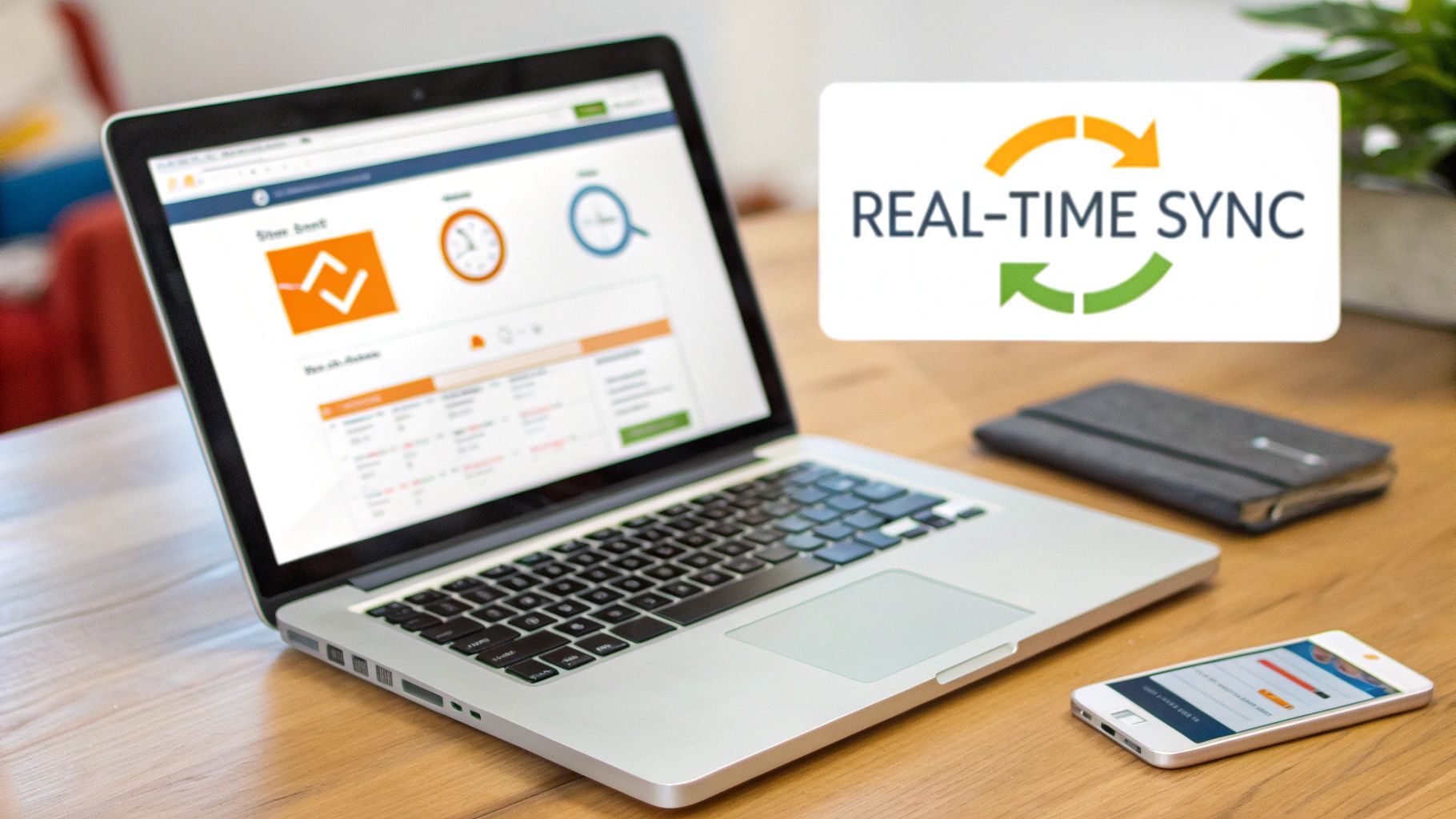 A laptop displaying a dashboard with charts, a smartphone, and a "REAL-TIME SYNC" graphic on a wooden desk.