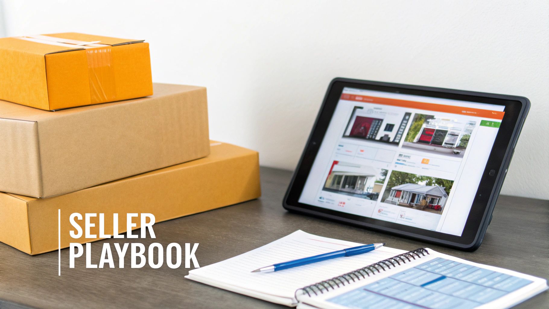 A seller's workstation with shipping boxes, a tablet showing product listings, and a notebook with a pen.