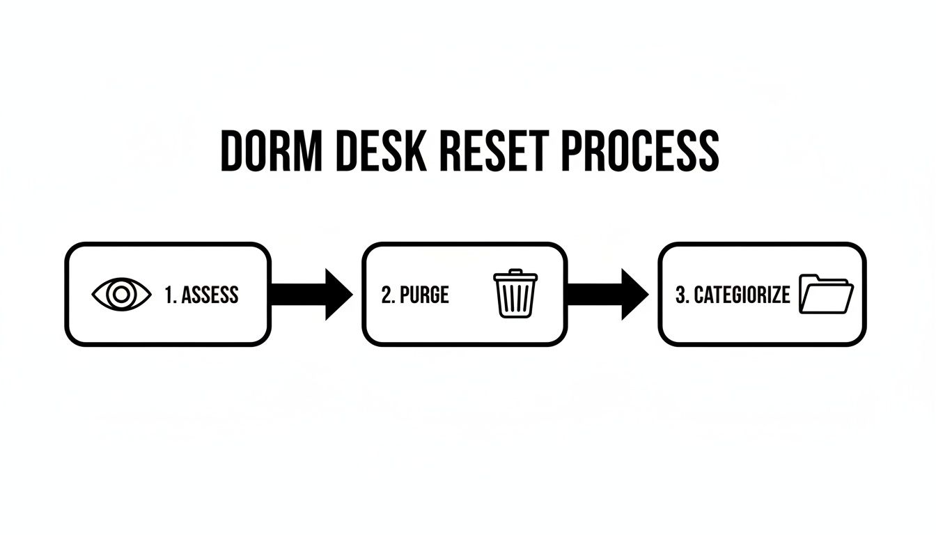 A diagram illustrating the three-step dorm desk reset process with icons: assess, purge, categorize.