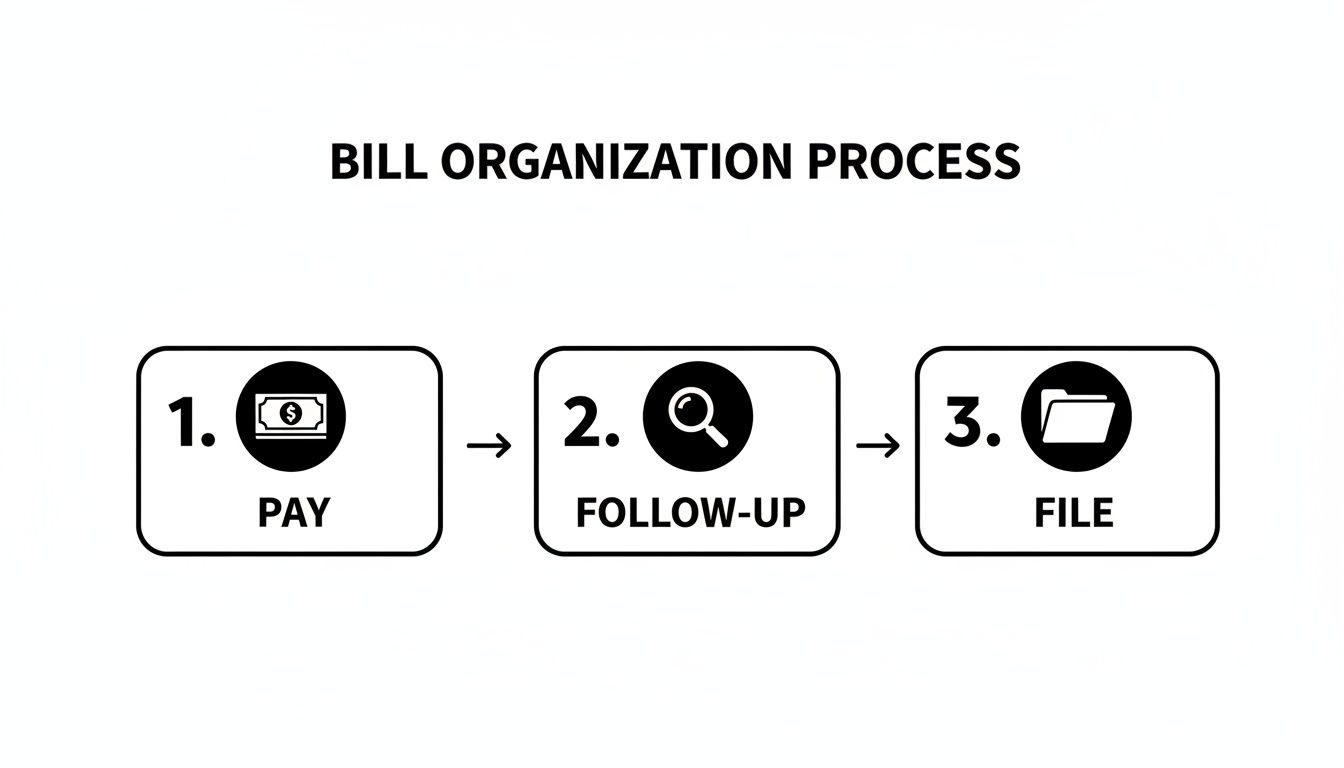 A flow chart illustrating the three-step bill organization process: pay, follow-up, and file.