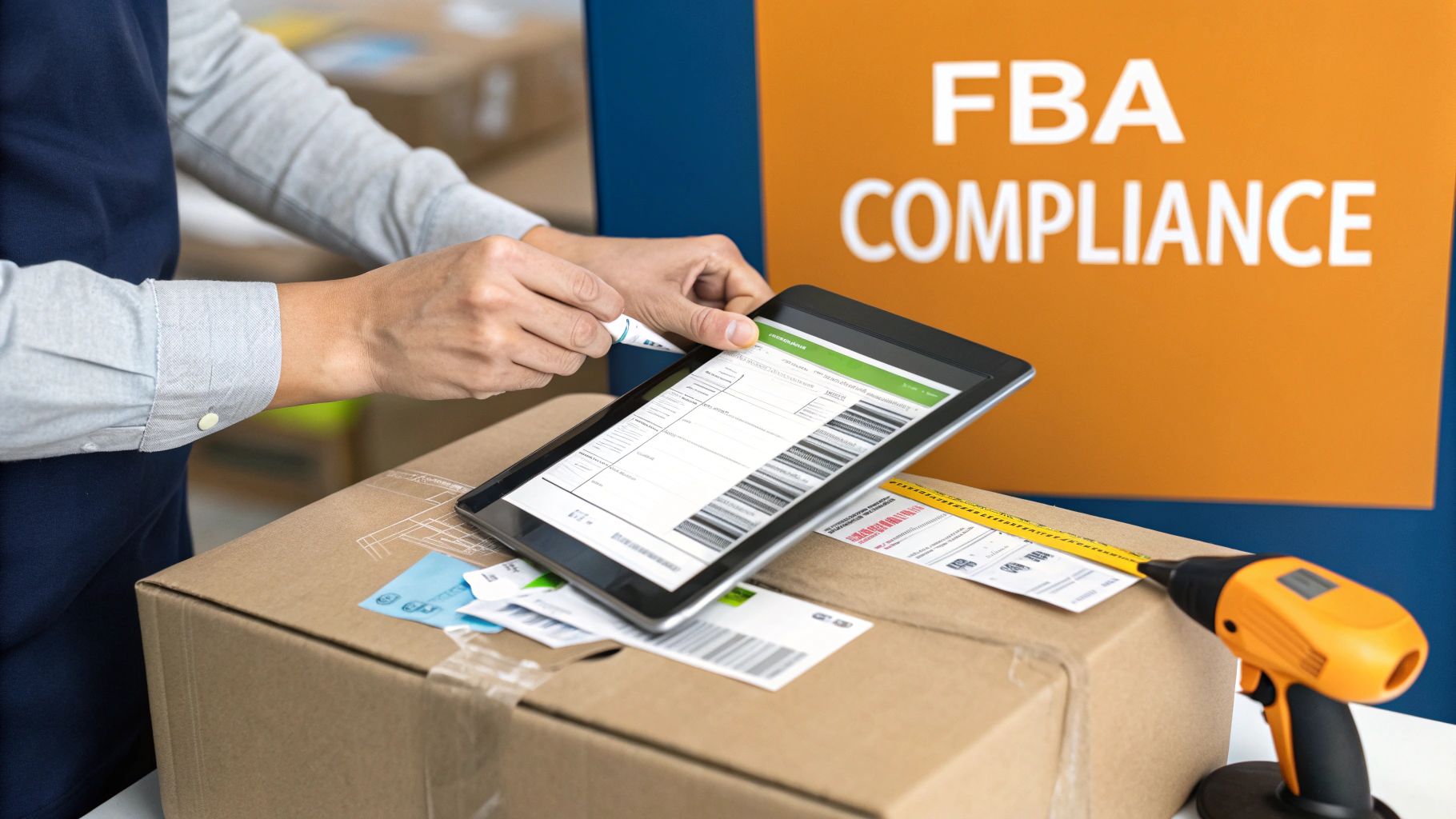 A person uses a tablet to manage FBA compliance for e-commerce order fulfillment, with a shipping box and labels.