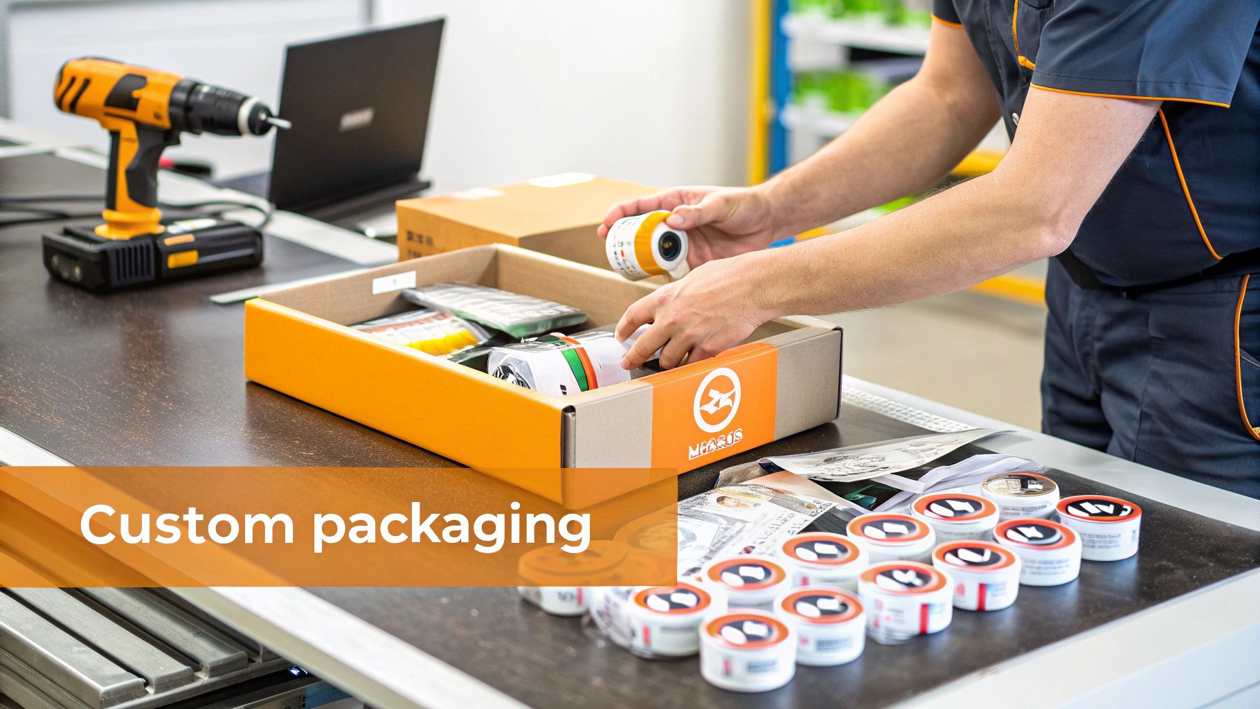 Hands placing products into a custom orange box with a logo during order fulfillment.