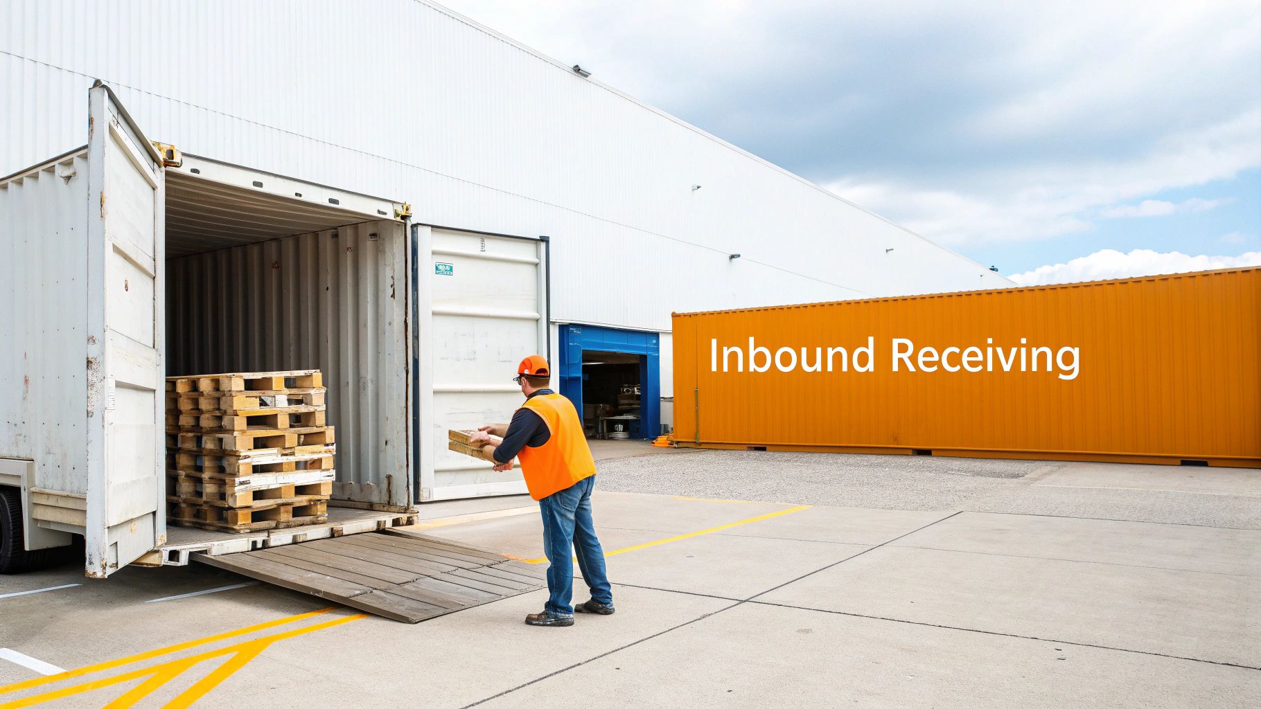 A worker in a safety vest unloads boxes from a shipping container with a ramp at a warehouse. An 'Inbound Receiving' container is nearby.