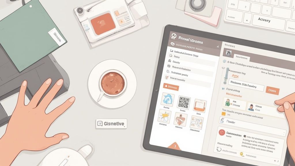 Overhead view of a person using a tablet, with coffee and desk items on a light grey surface.