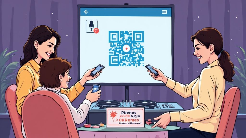 A bride and groom surrounded by their wedding guests, all smiling and taking photos with their phones, actively participating in a celebration.